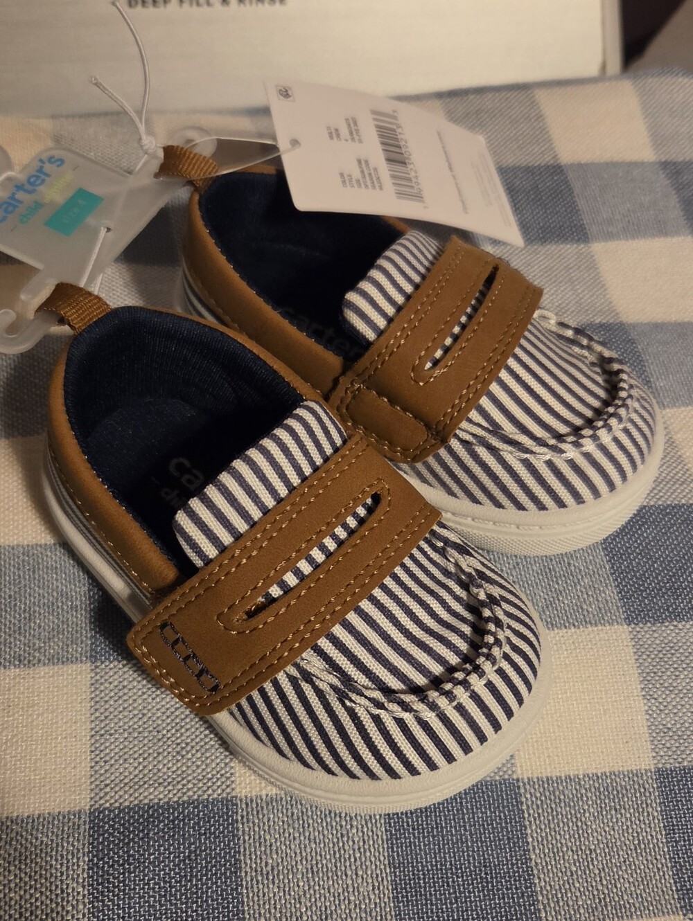 Carter's Navy & White Striped Slip-On Shoes with Brown Accents, NWT size 4